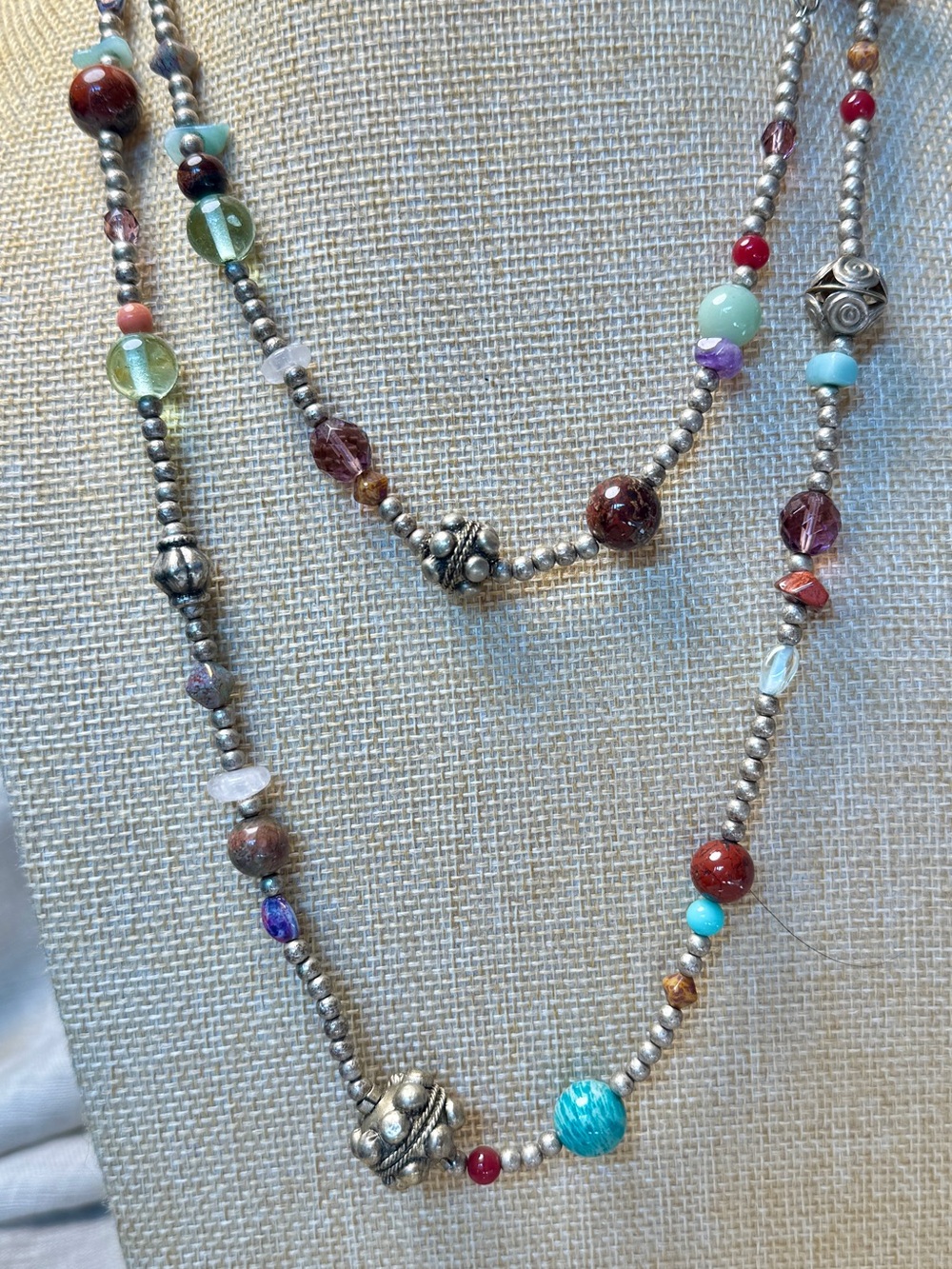 Boho 42" Multi Gemstone Bead Necklace Silver Tone Long Layering Strand